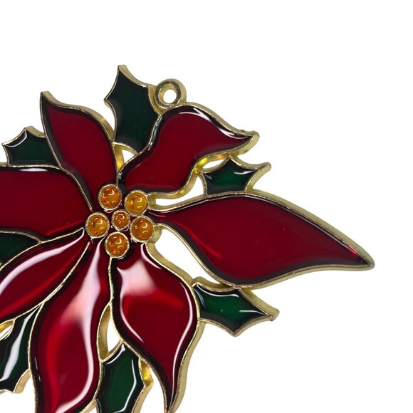 Poinsettia Stained Glass Style Christmas Ornament Metal & Resin Suncatcher Red - Picture 2 of 5